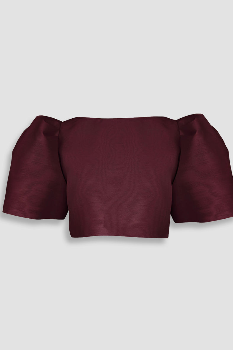 Vania Romoff Camisa Top Mulberry made with spun organza and has Butterfly sleeves and a self-tie back ribbon 
