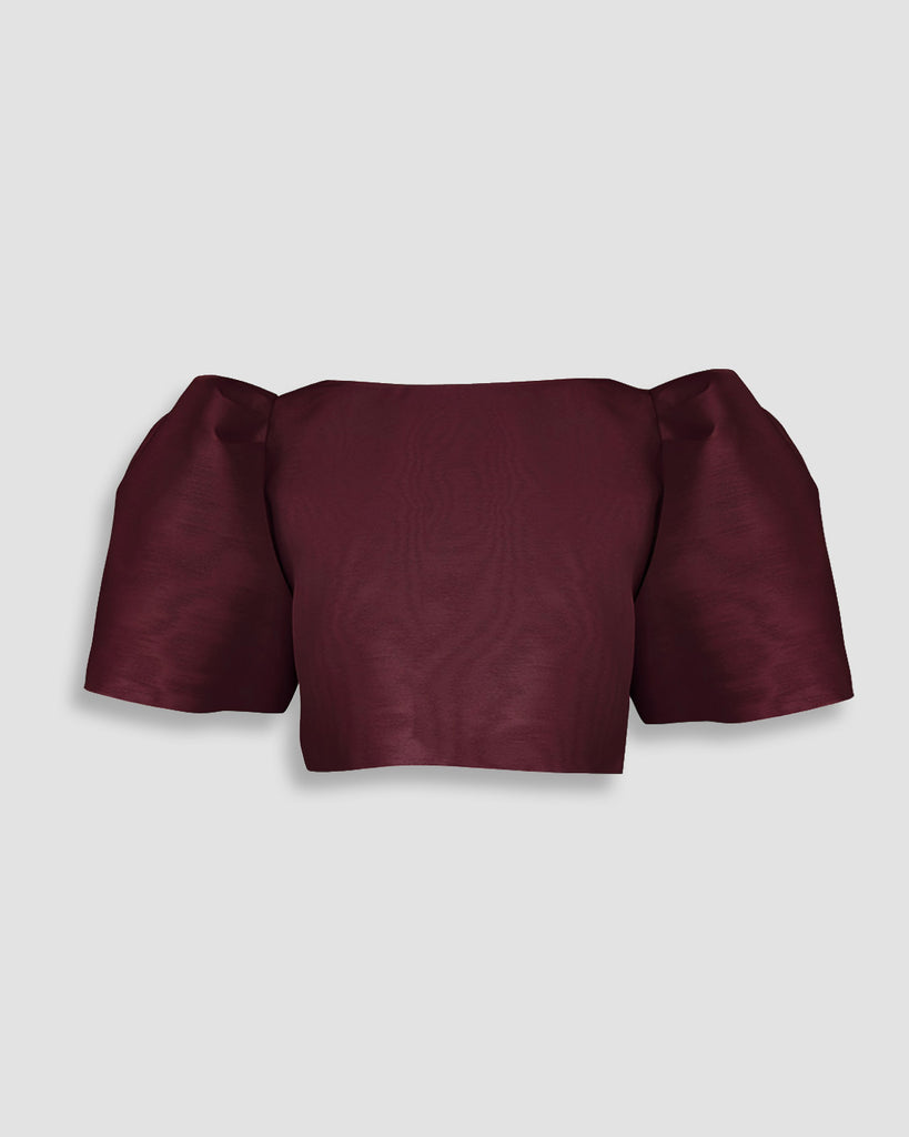 Vania Romoff Camisa Top Mulberry made with spun organza and has Butterfly sleeves and a self-tie back ribbon 
