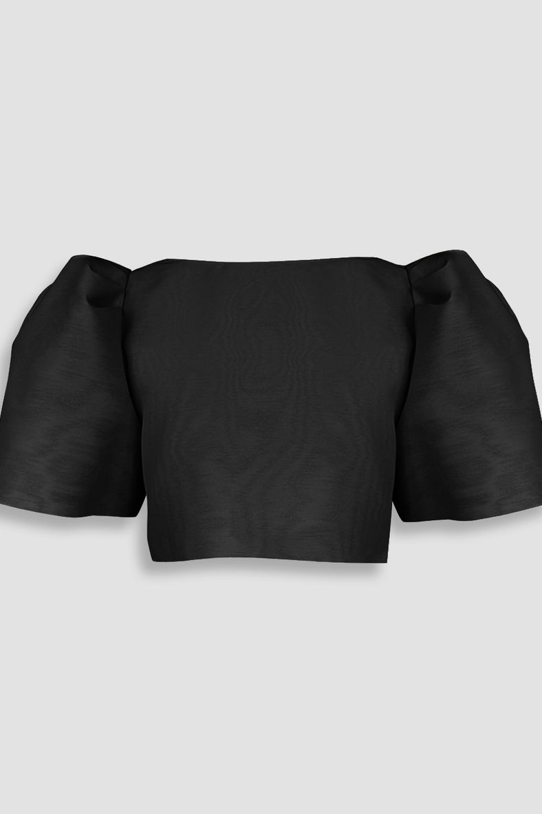 Vania Romoff Camisa Top Black made with silk organza and has Butterfly sleeves and a self-tie back ribbon 