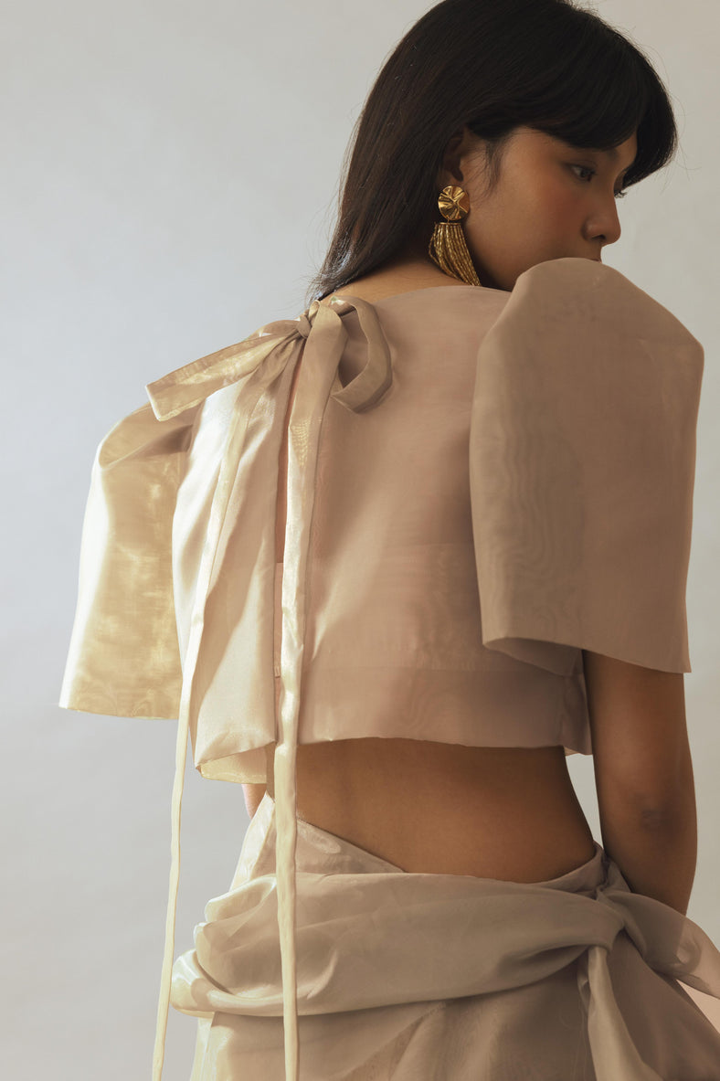 Vania Romoff Camisa Top Nude made with silk organza and has Butterfly sleeves and a self-tie back ribbon 