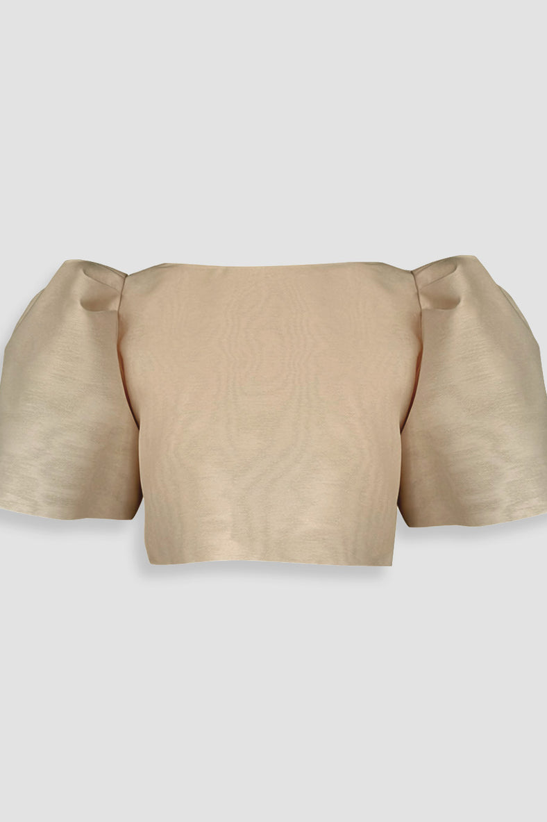 Vania Romoff Camisa Top Nude made with silk organza and has Butterfly sleeves and a self-tie back ribbon 