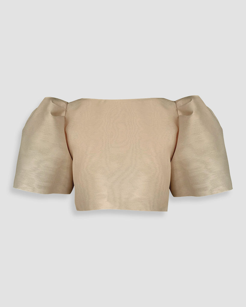 Vania Romoff Camisa Top Nude made with silk organza and has Butterfly sleeves and a self-tie back ribbon 