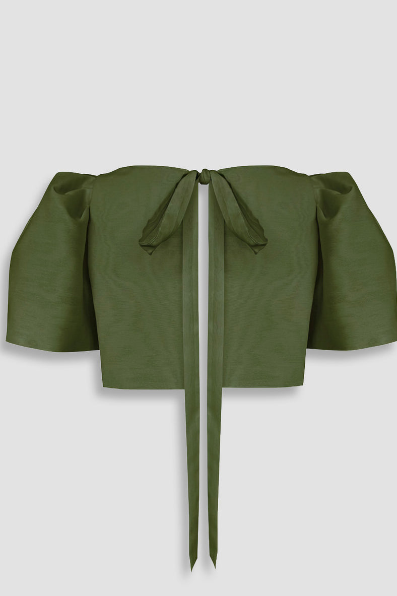 Vania Romoff Camisa Top Olive made with silk organza and has Butterfly sleeves and a self-tie back ribbon 