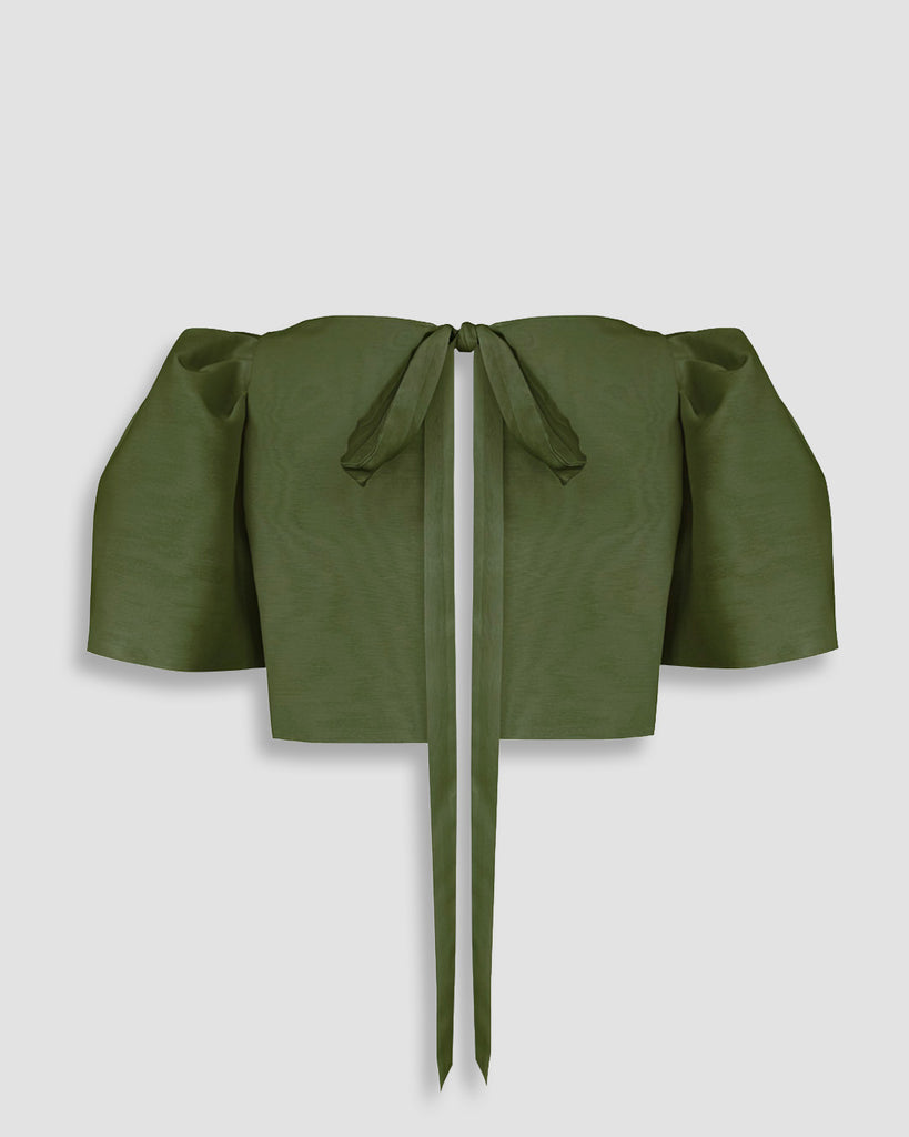Vania Romoff Camisa Top Olive made with silk organza and has Butterfly sleeves and a self-tie back ribbon 
