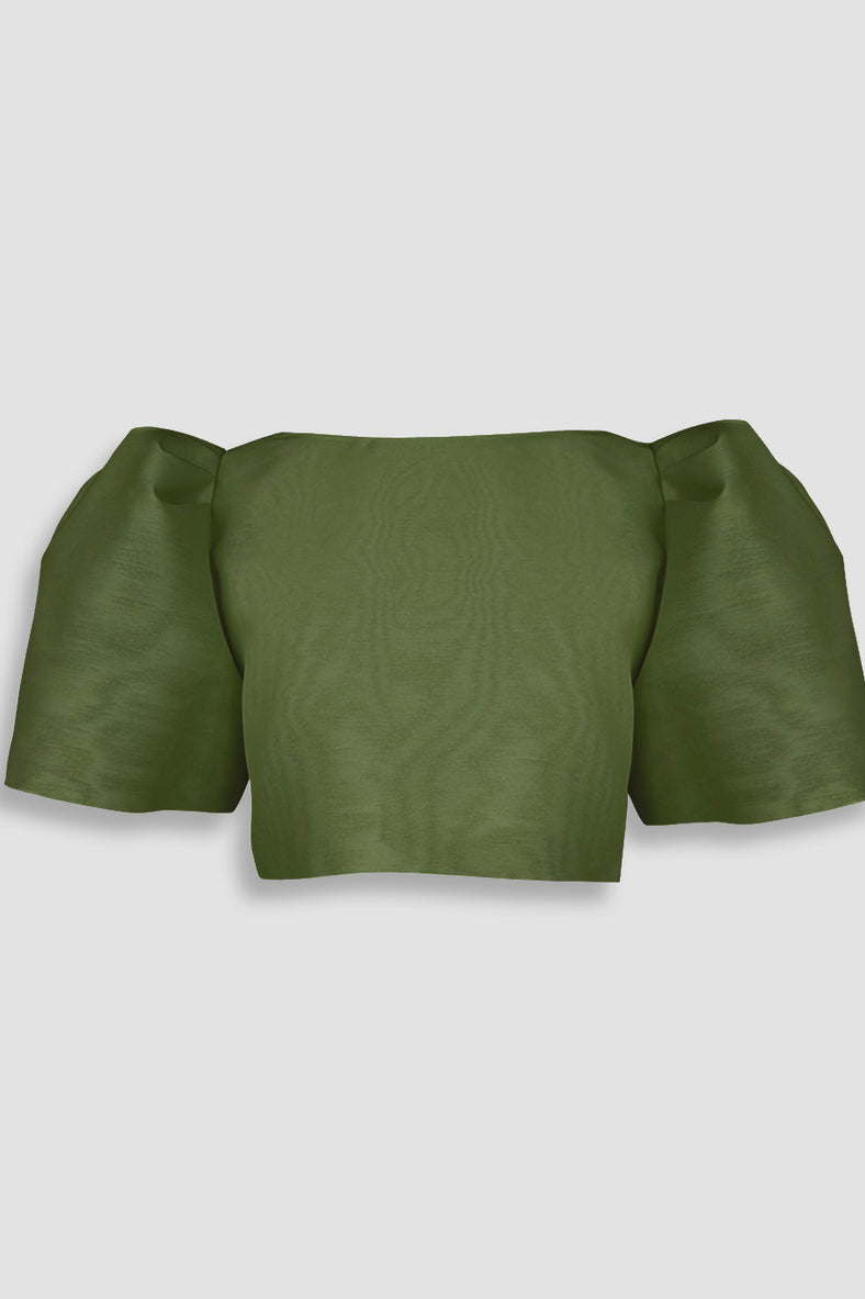 Vania Romoff Camisa Top Olive made with silk organza and has Butterfly sleeves and a self-tie back ribbon 