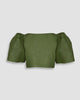 Vania Romoff Camisa Top Olive made with silk organza and has Butterfly sleeves and a self-tie back ribbon 