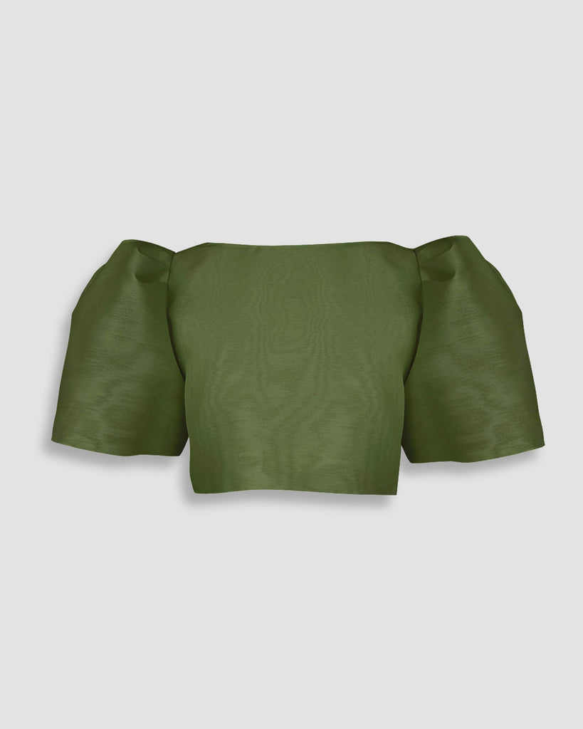 Vania Romoff Camisa Top Olive made with silk organza and has Butterfly sleeves and a self-tie back ribbon 