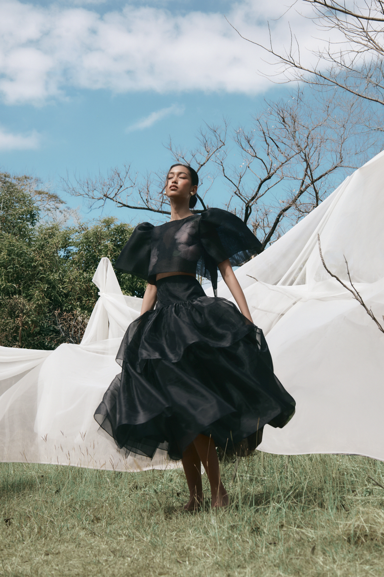 Vania Romoff the Penny Skirt in black  tiered drop waist skirt made from a silk organza 