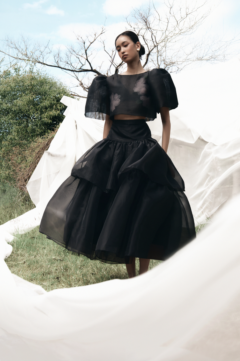 Vania Romoff the Penny Skirt in black  tiered drop waist skirt made from a silk organza 