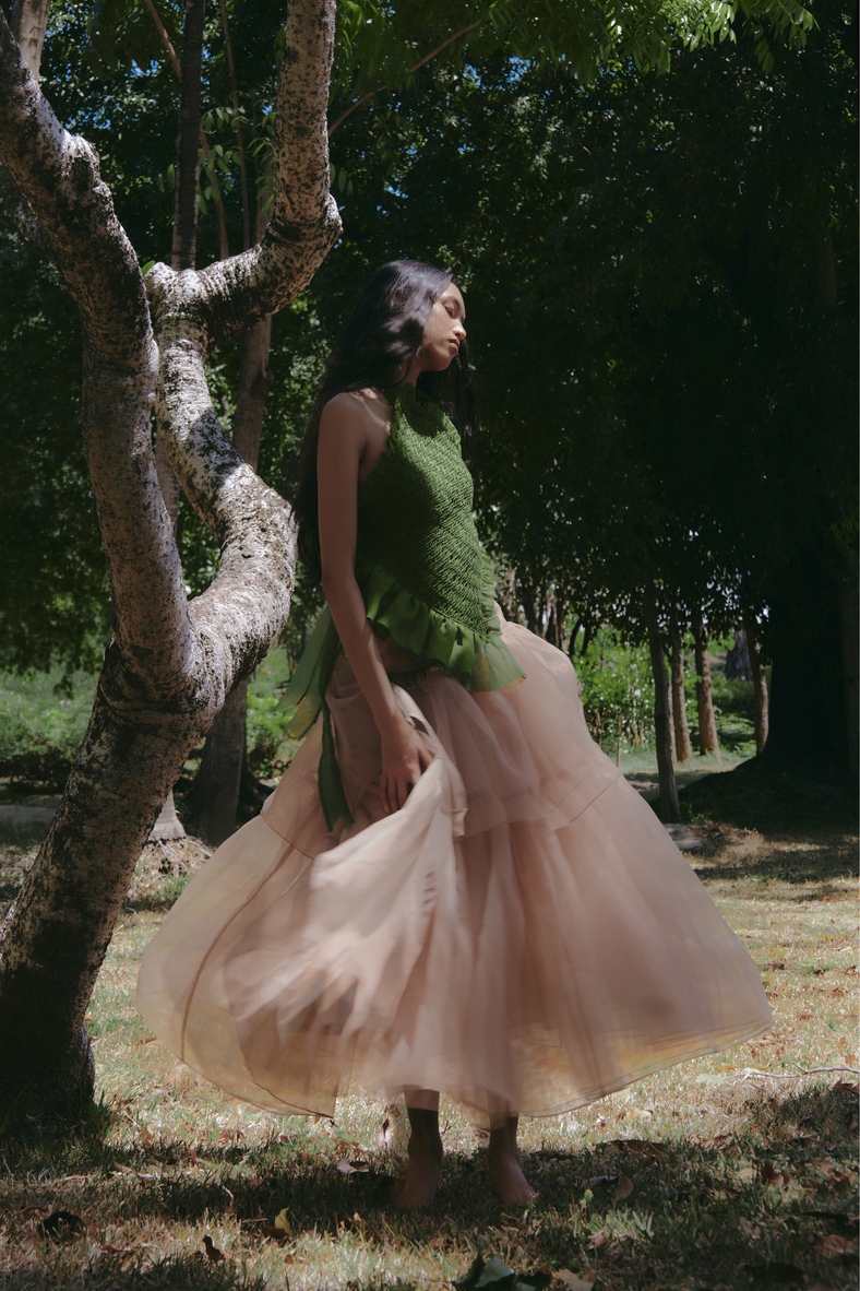 Vania Romoff the Penny Skirt in nude tiered drop waist skirt made from a silk organza 
