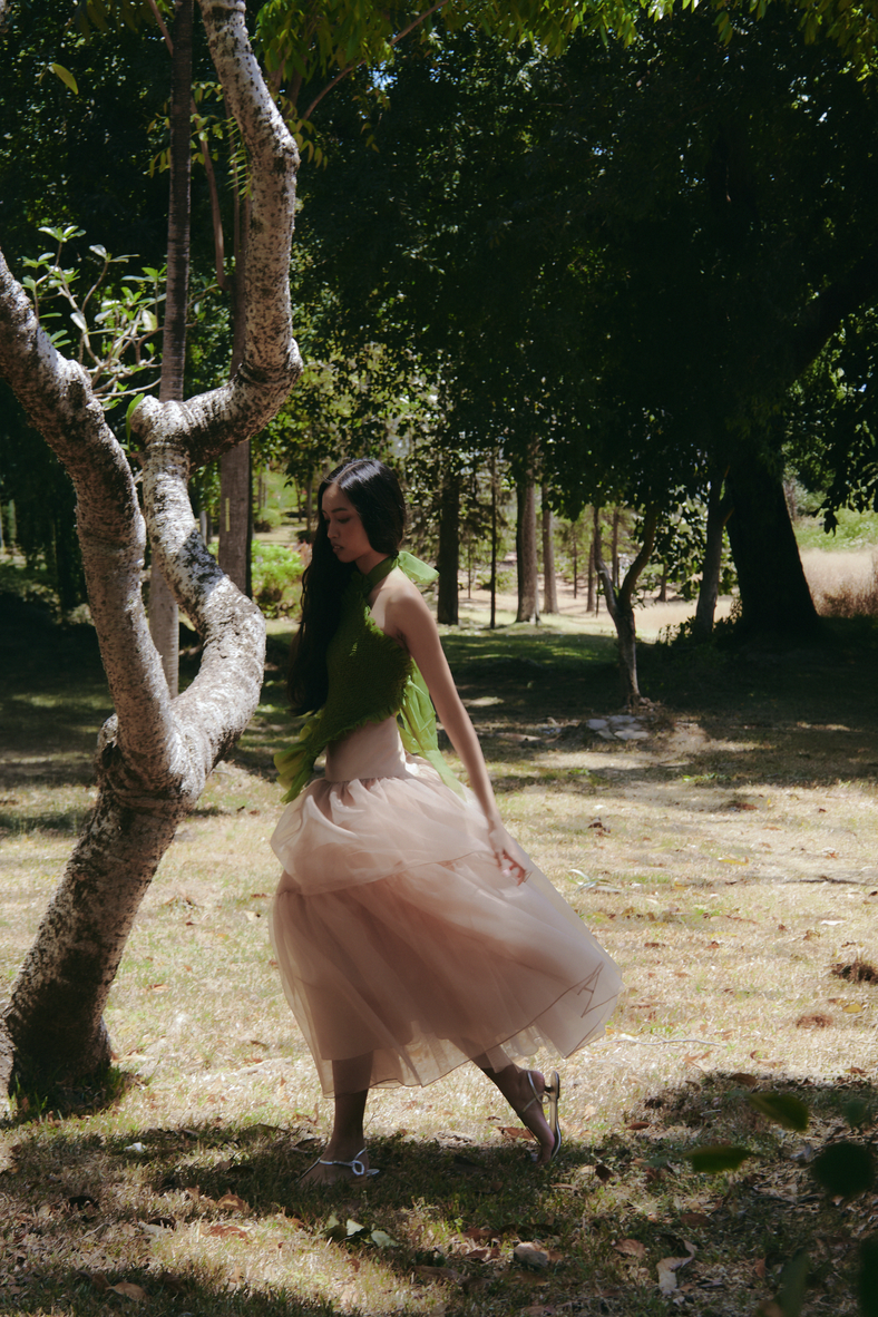 Vania Romoff the Penny Skirt in nude tiered drop waist skirt made from a silk organza 