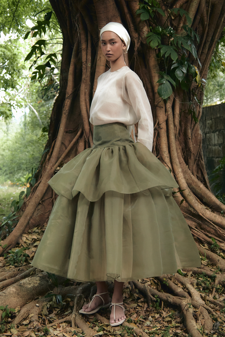 Vania Romoff the Penny Skirt in olive tiered drop waist skirt made from a silk organza 