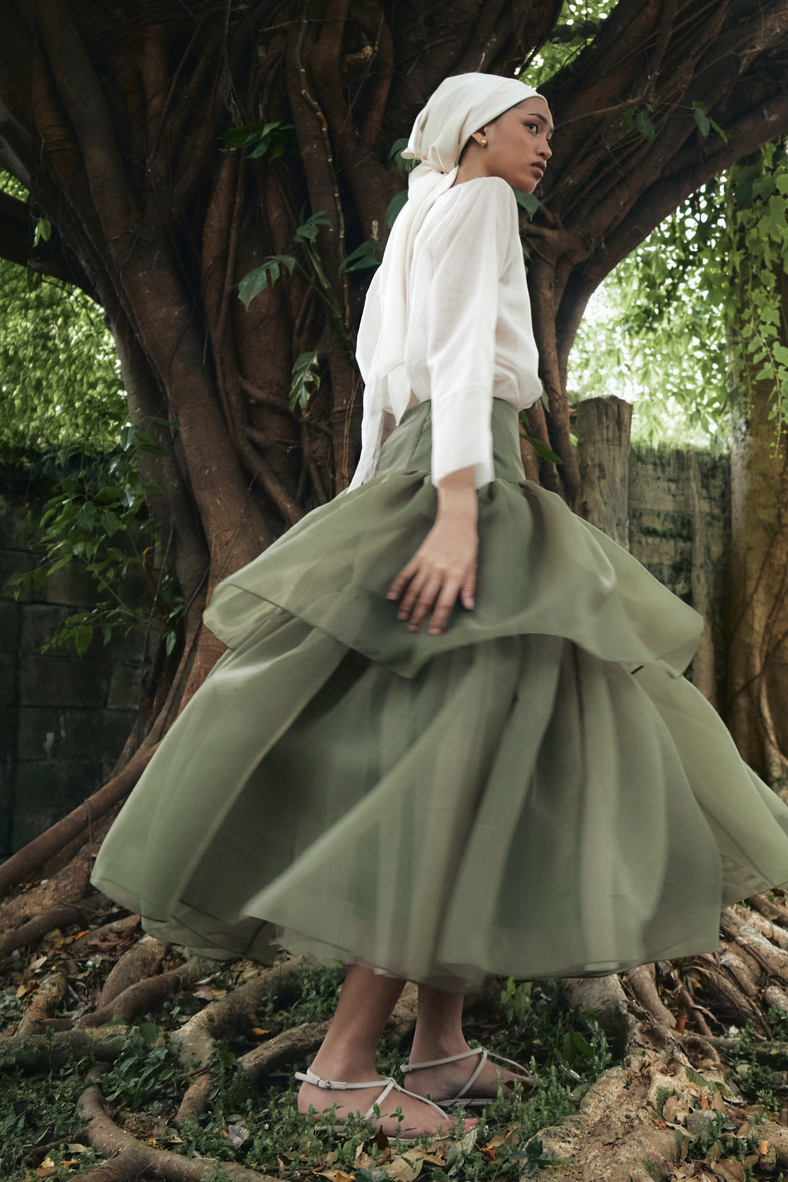 Vania Romoff the Penny Skirt in olive tiered drop waist skirt made from a silk organza 