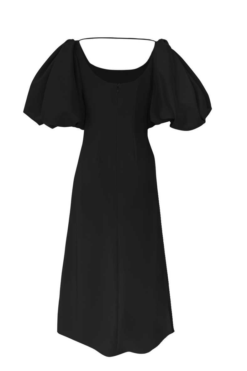  Vania Romoff Sigrid dress in black is a flattering midi dress is framed with voluminous puff sleeves 