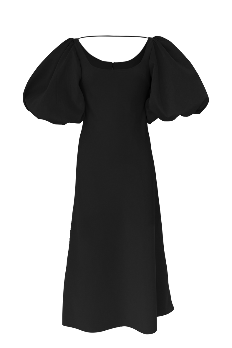  Vania Romoff Sigrid dress in black is a flattering midi dress is framed with voluminous puff sleeves 