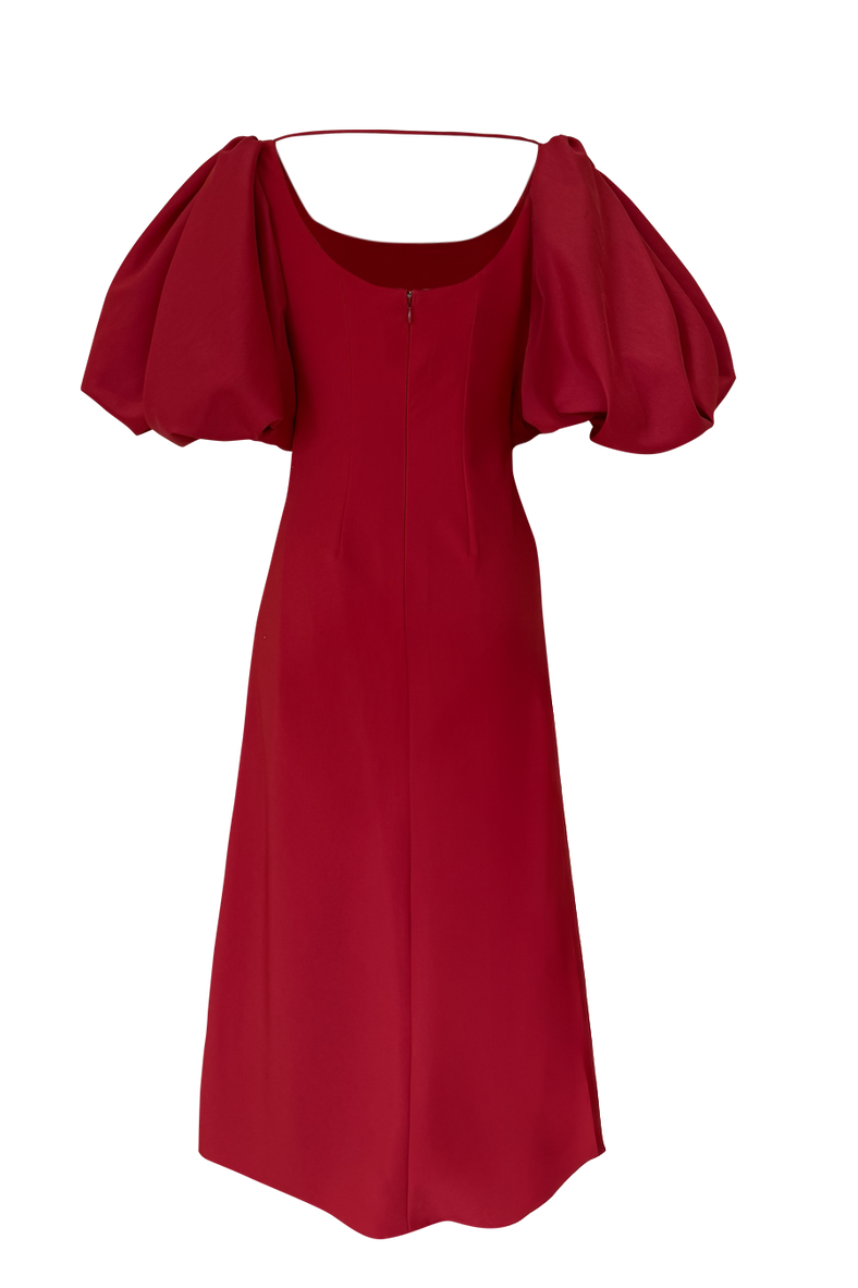  Vania Romoff Sigrid dress in red is a flattering midi dress is framed with voluminous puff sleeves 