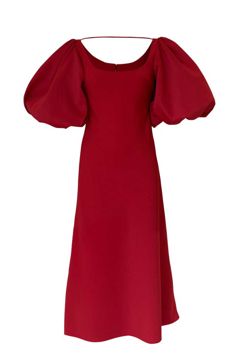  Vania Romoff Sigrid dress in red is a flattering midi dress is framed with voluminous puff sleeves 