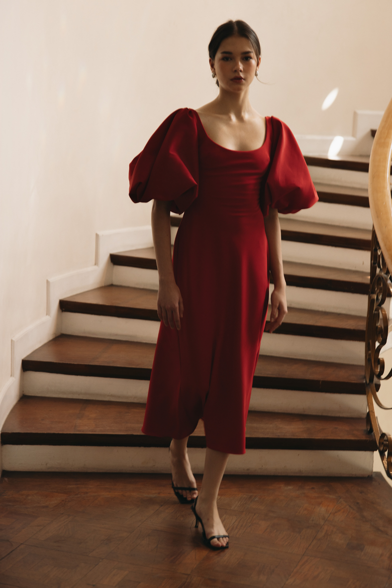  Vania Romoff Sigrid dress in red is a flattering midi dress is framed with voluminous puff sleeves 