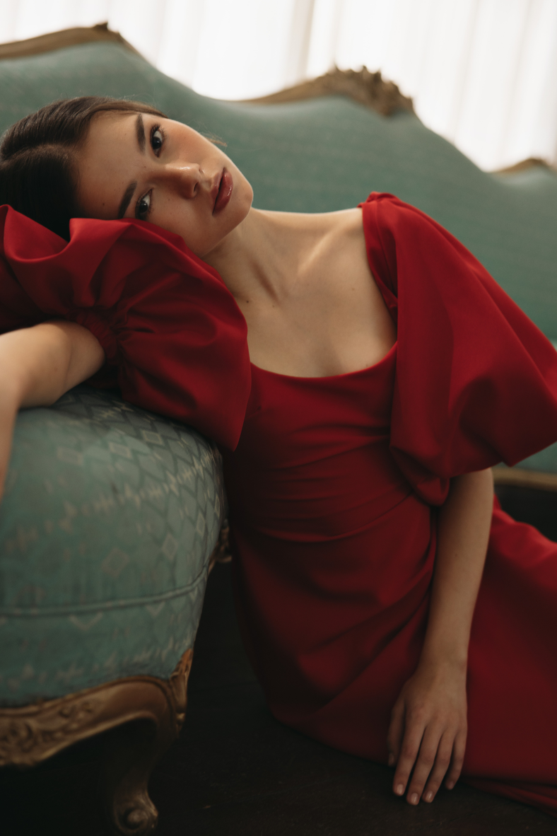  Vania Romoff Sigrid dress in red is a flattering midi dress is framed with voluminous puff sleeves 