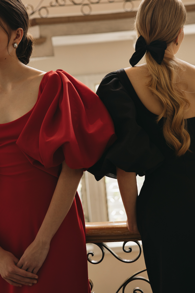  Vania Romoff Sigrid dress in red is a flattering midi dress is framed with voluminous puff sleeves 