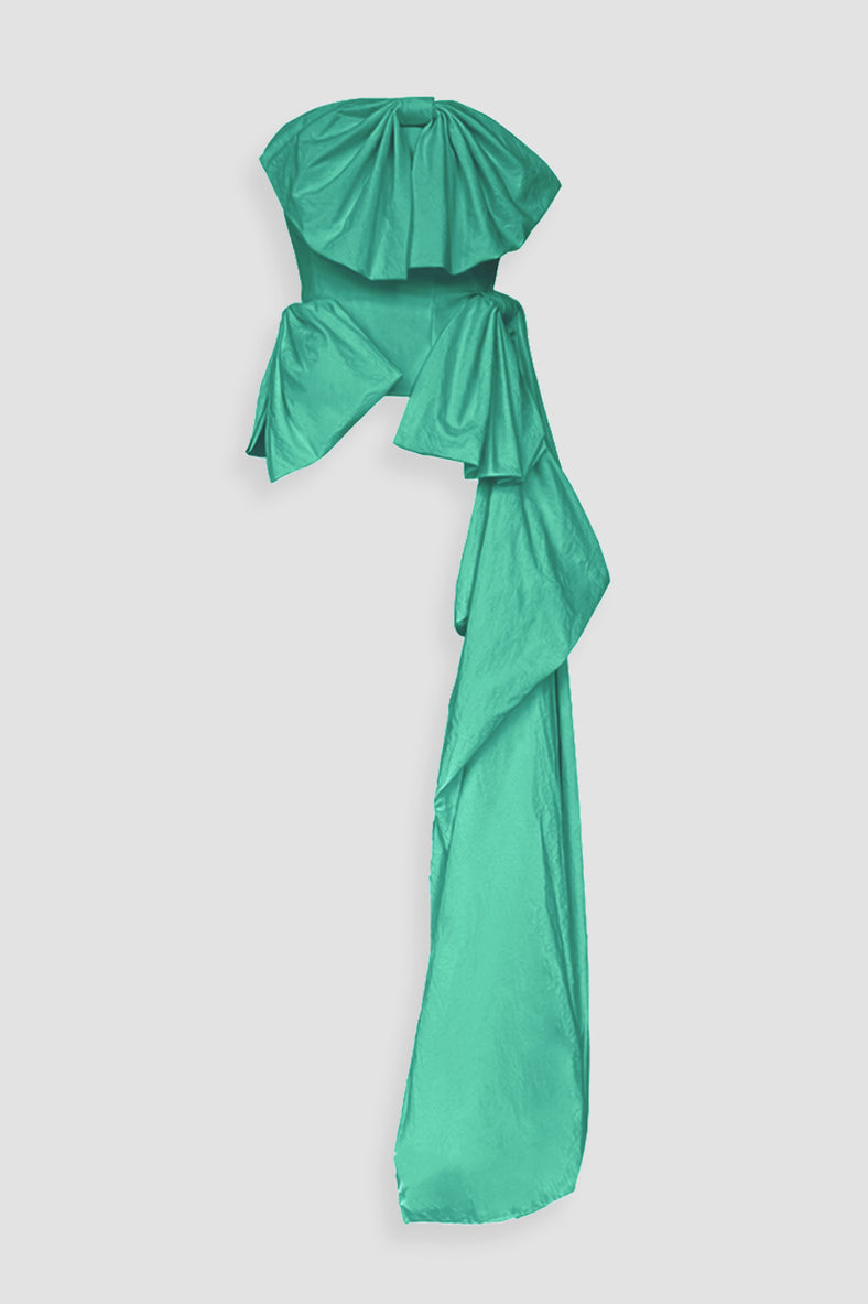 Vania Romoff Simone Top Green made in taffeta and shaped by hand-sewn statement bows