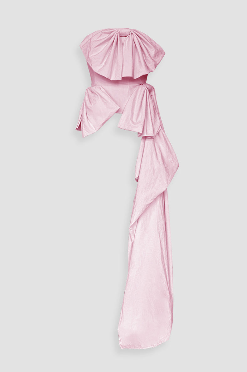 Vania Romoff Simone Top Pink made in taffeta and shaped by hand-sewn statement bows