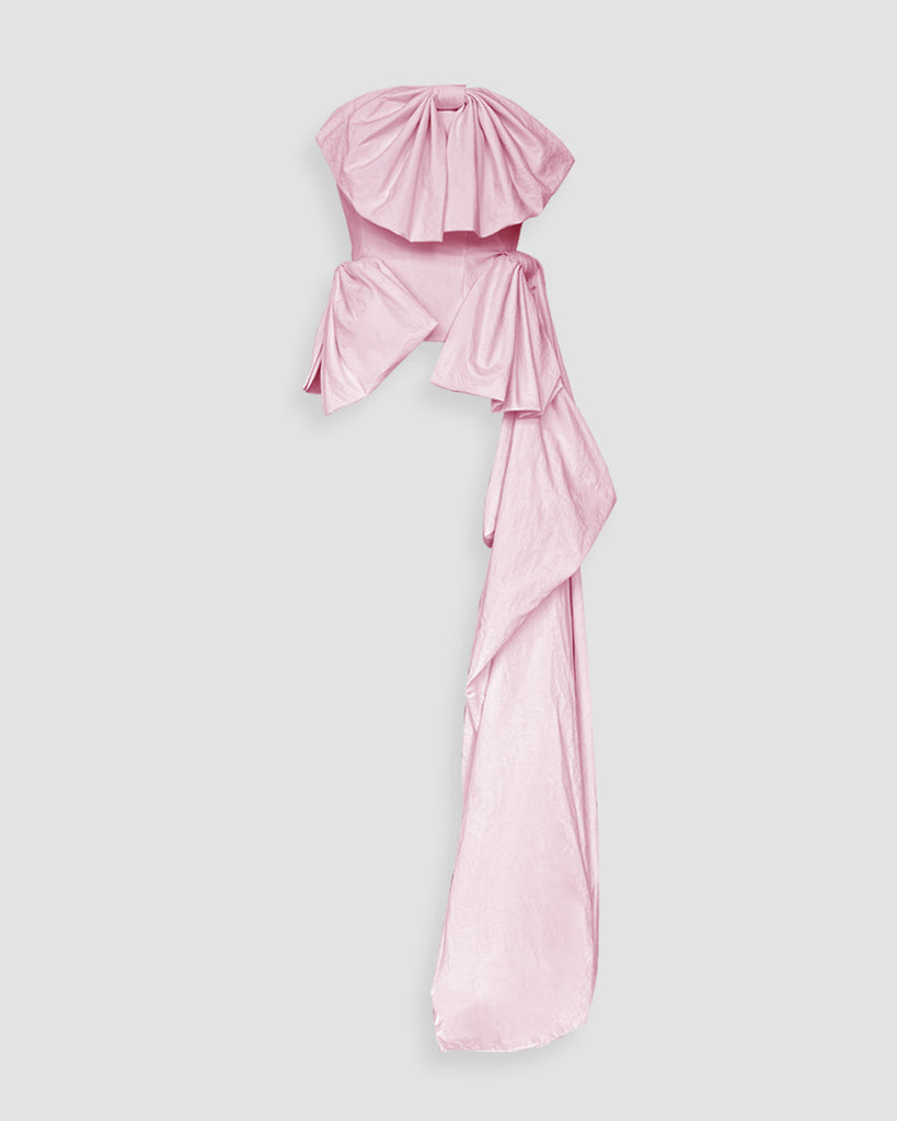 Vania Romoff Simone Top Pink made in taffeta and shaped by hand-sewn statement bows