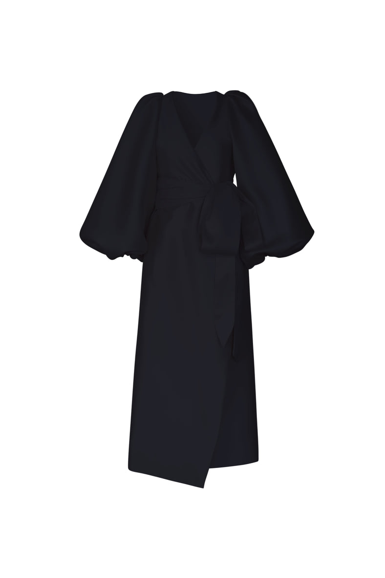 Vania Romoff Sylvie Dress in black wrap style dress with voluminous bishop sleeves