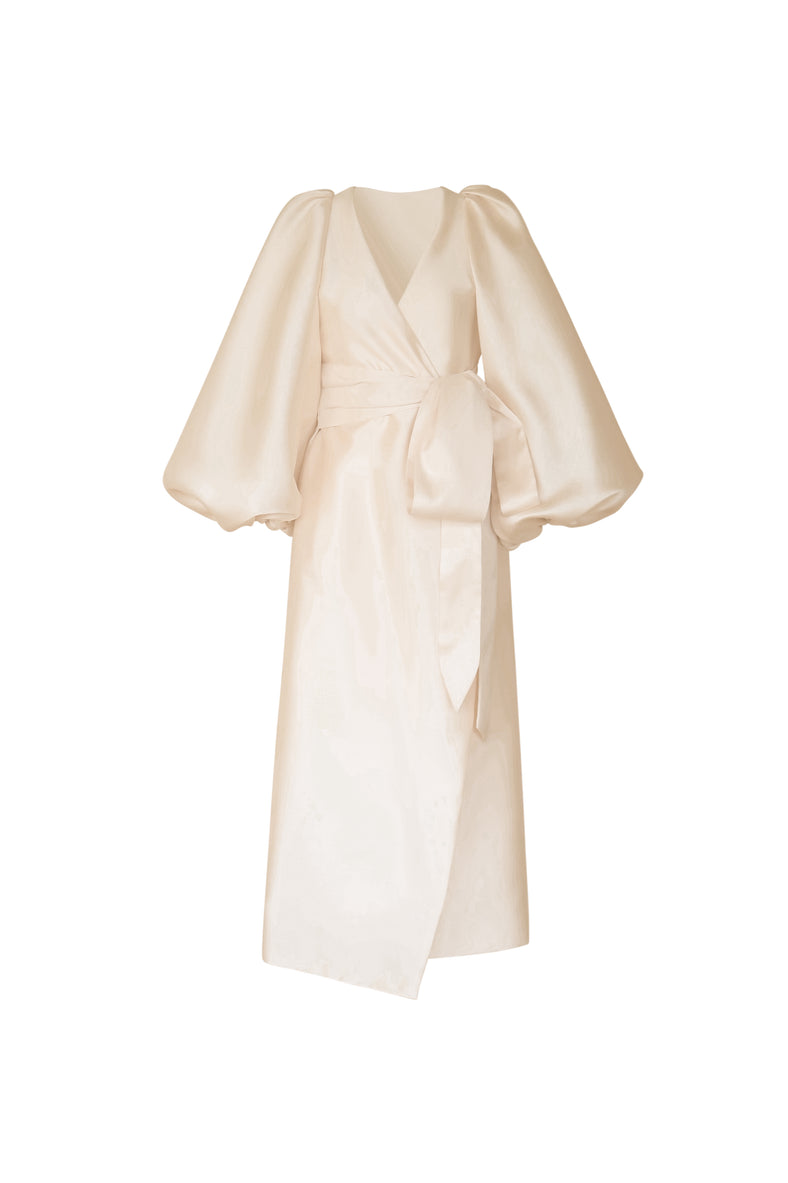 Vania Romoff Sylvie Dress in light gold wrap style dress with voluminous bishop sleeves