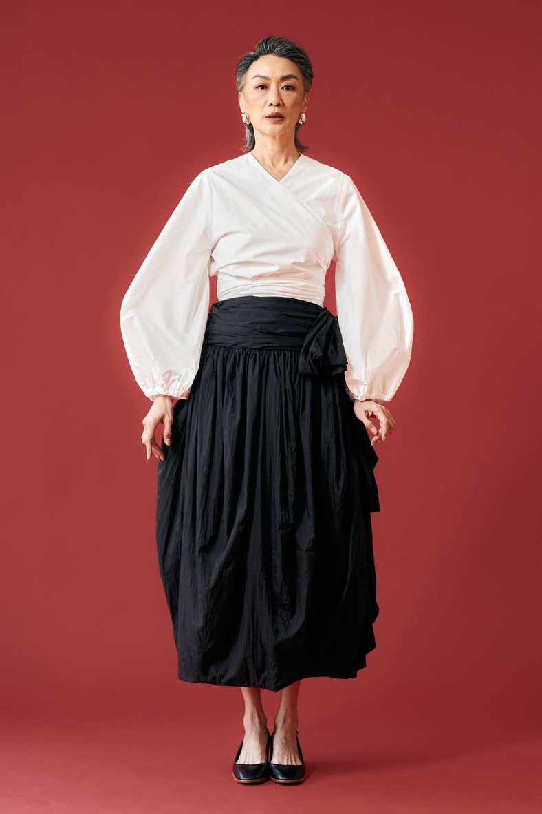 Vania Romoff The Emmi Skirt in black is an ankle length drop waist skirt made with light taffeta fabric