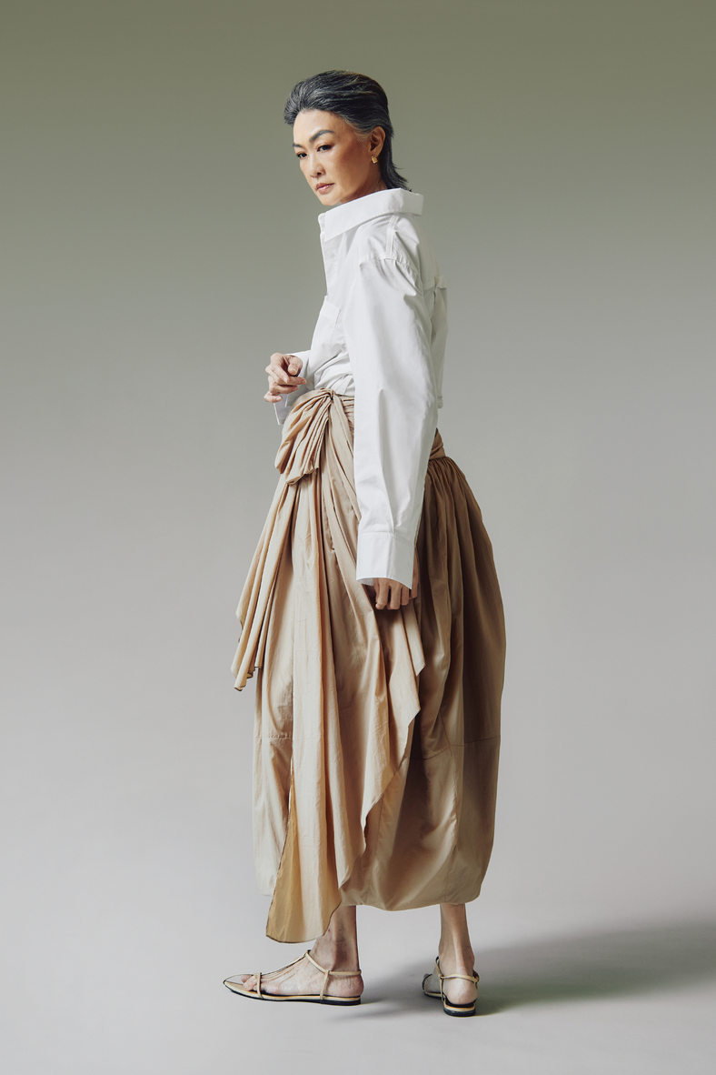 Vania Romoff The Emmi Skirt in khaki is an ankle length drop waist skirt made with light taffeta fabric