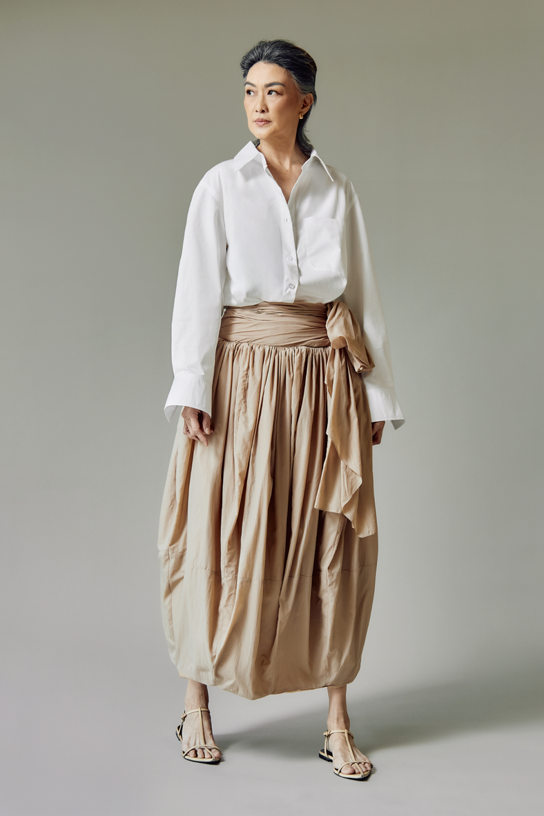 Vania Romoff The Emmi Skirt in khaki is an ankle length drop waist skirt made with light taffeta fabric