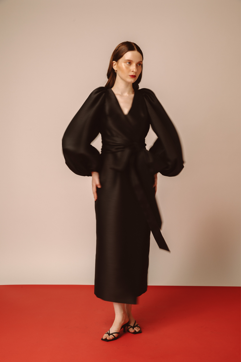 Vania Romoff Sylvie Dress in black wrap style dress with voluminous bishop sleeves