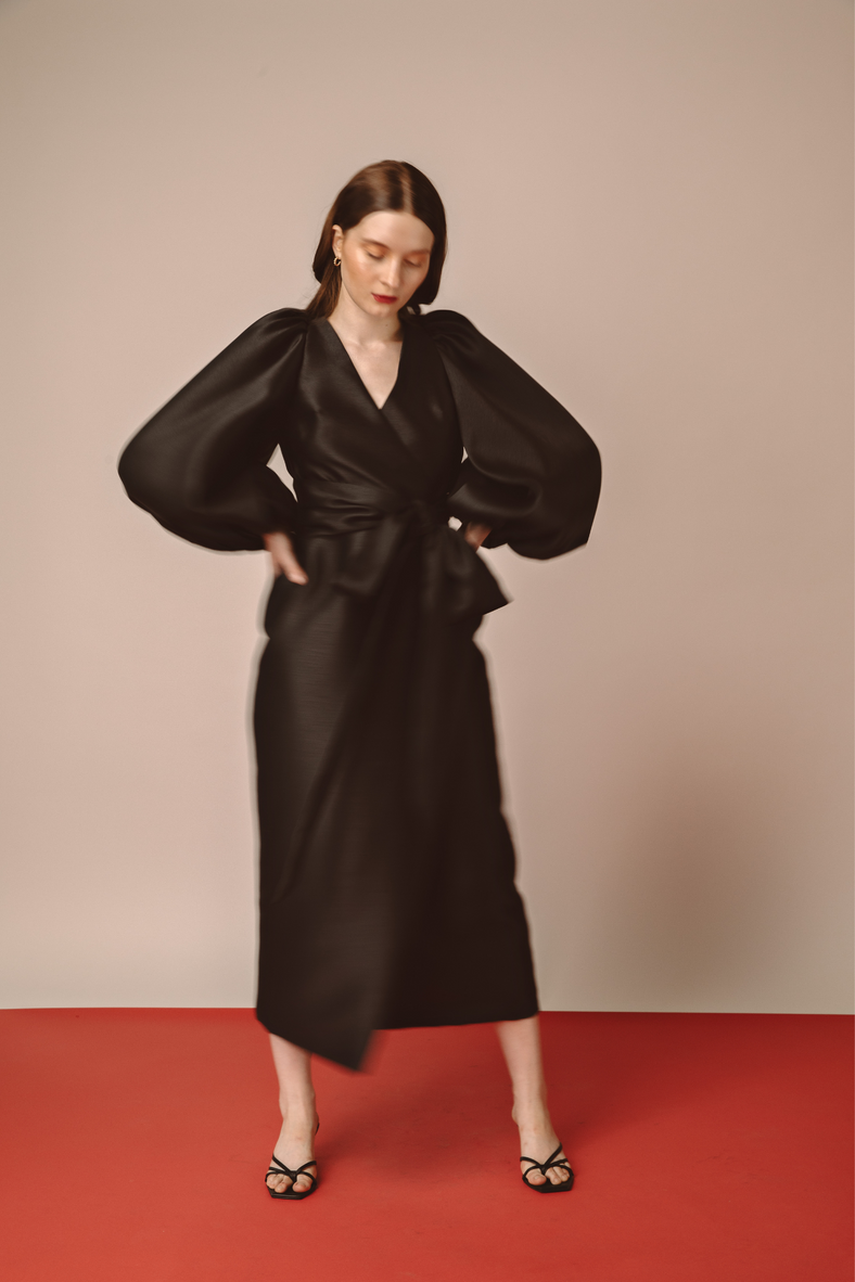 Vania Romoff Sylvie Dress in black wrap style dress with voluminous bishop sleeves