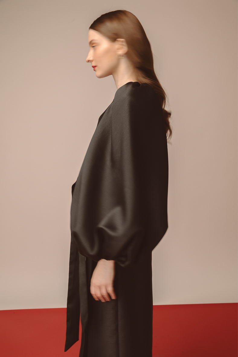 Vania Romoff Sylvie Dress in black wrap style dress with voluminous bishop sleeves