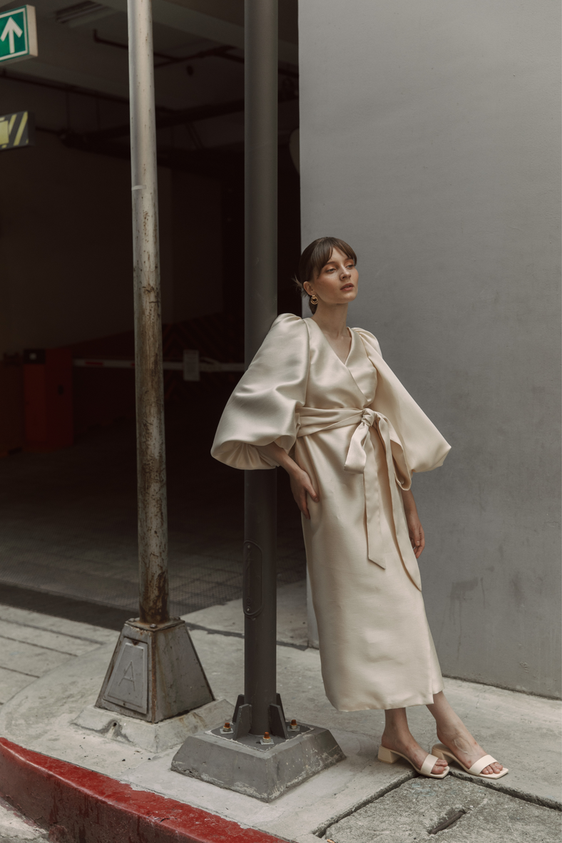 Vania Romoff Sylvie Dress in light gold wrap style dress with voluminous bishop sleeves