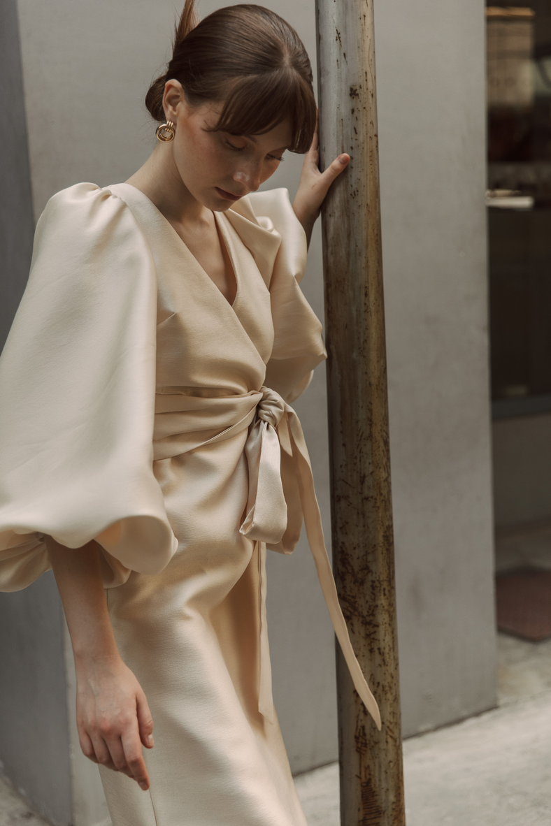 Vania Romoff Sylvie Dress in light gold wrap style dress with voluminous bishop sleeves