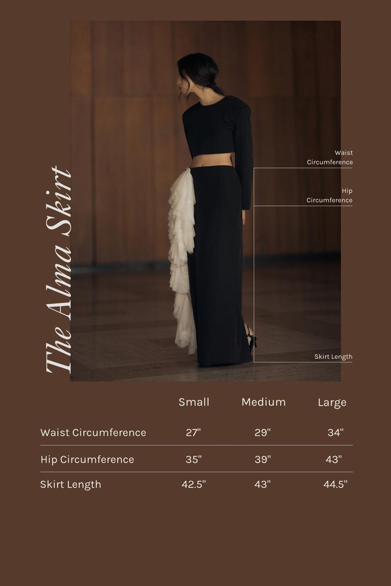 Vania Romoff The Alma Skirt in black and white  features a sleek, floor-length silhouette in black neocrepe measurements