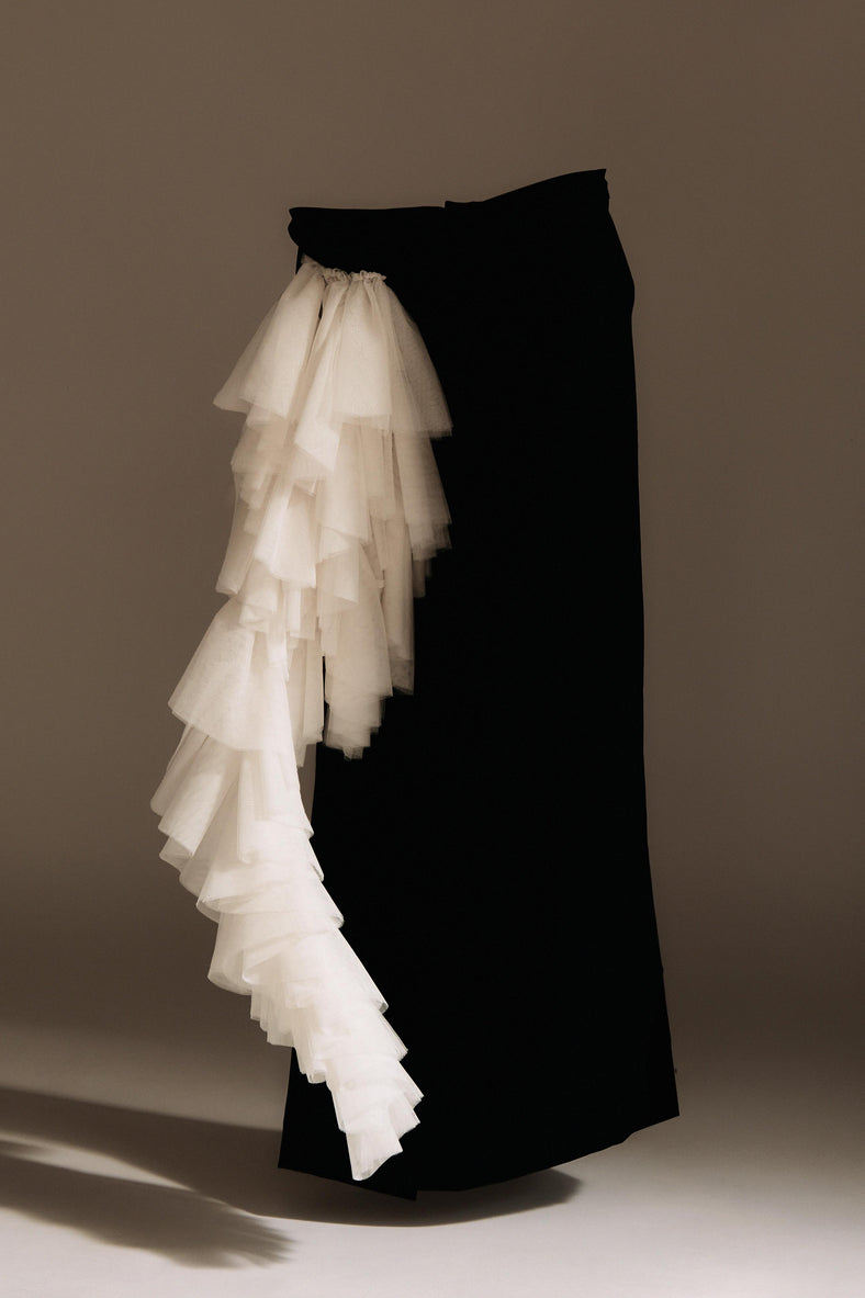 Vania Romoff The Alma Skirt in black and white  features a sleek, floor-length silhouette in black neocrepe