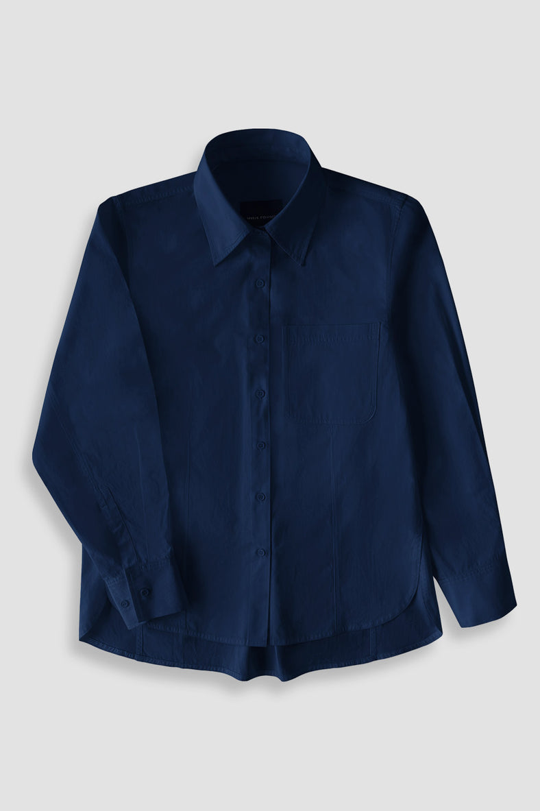 Vania Romoff Boyfriend Shirt Navy made with cotton poplin, has a bow at the back and comes with a scarf