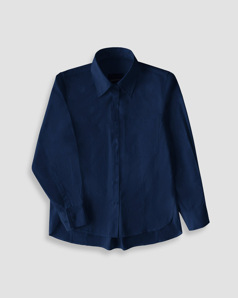 Vania Romoff Boyfriend Shirt Navy made with cotton poplin, has a bow at the back and comes with a scarf