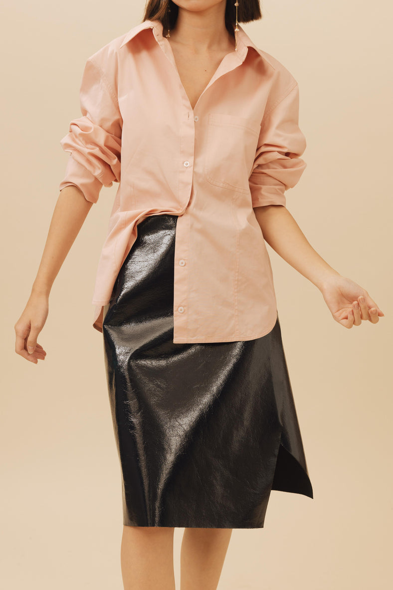 Vania Romoff Boyfriend Shirt Apricot made with cotton poplin, has a bow at the back and comes with a scarf