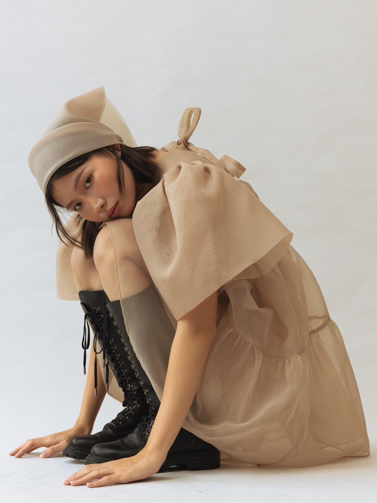 Vania Romoff Camisa Babydoll Dress  Nude made with silk organza and comes with a slip dress