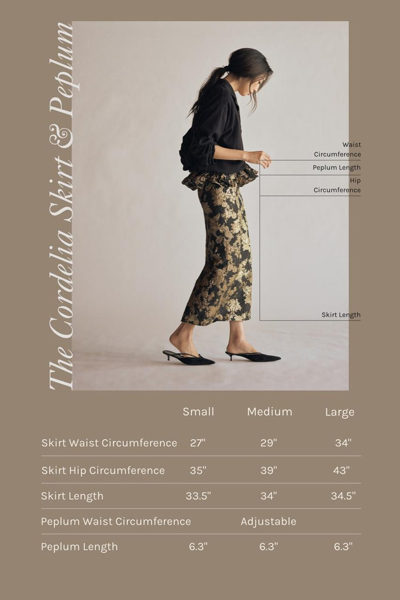 Vania Romoff The Cordelia Skirt with peplum in black with gold florals features a sleek, midi-length silhouette in black jacquard organza, adorned with intricate gold florals measurements