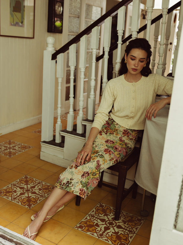 Vania Romoff Cosette Skirt in floral brocade featuring a sleek column silhouette