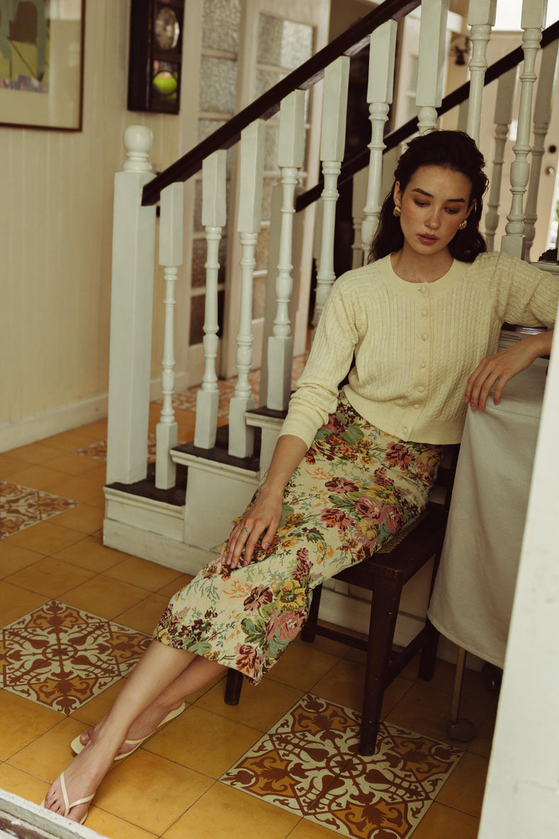 Vania Romoff Cosette Skirt in floral brocade featuring a sleek column silhouette