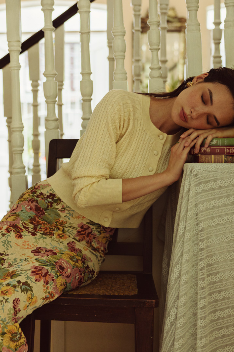 Vania Romoff Cosette Skirt in floral brocade featuring a sleek column silhouette