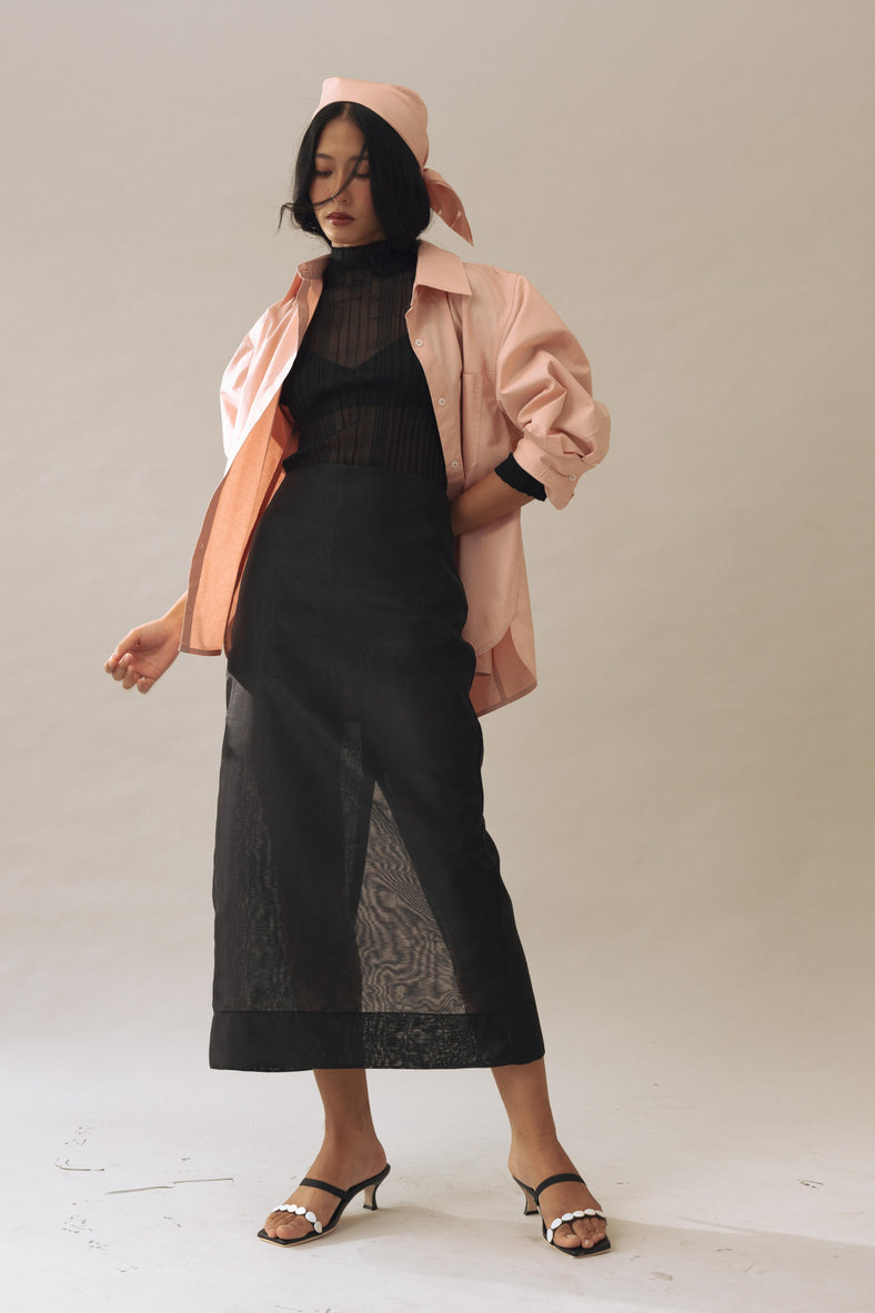 Vania Romoff Esme ankle-length column skirt Black in matte organdy, featuring a sheer finish