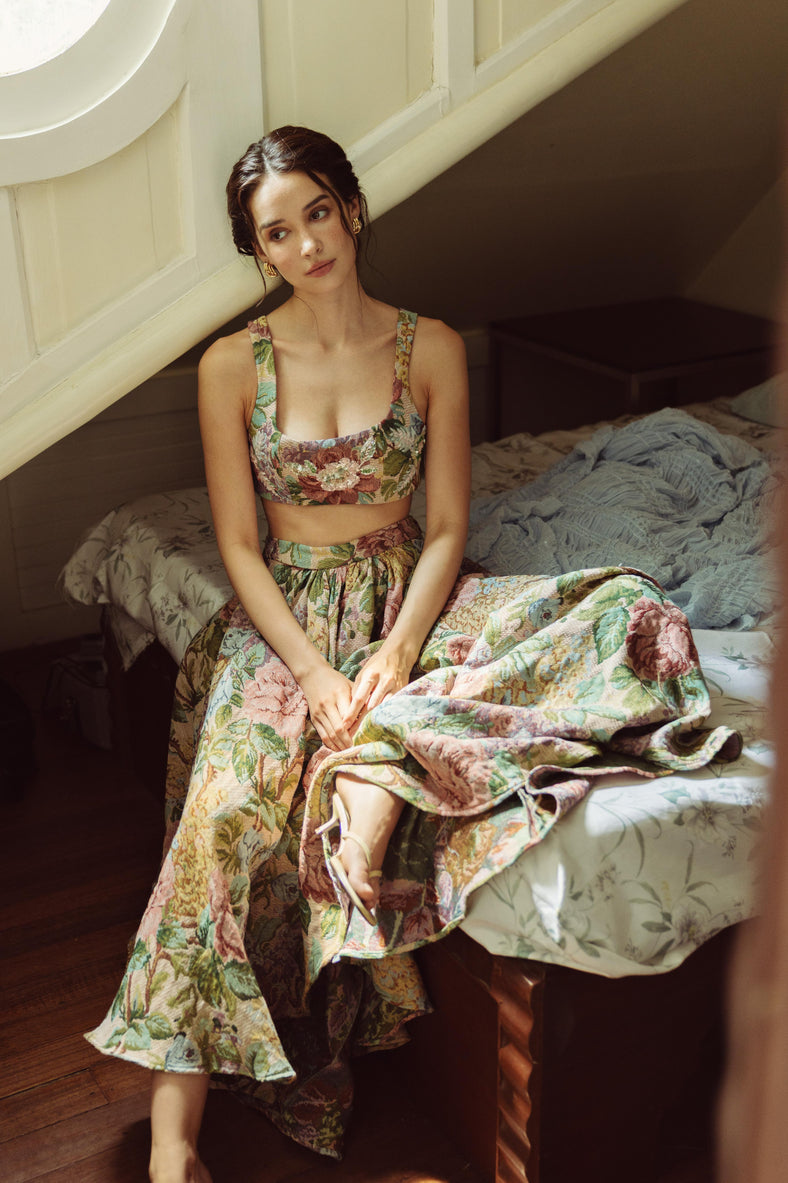 Vania Romoff Josephine Skirt in floral brocade with concealed back zipper