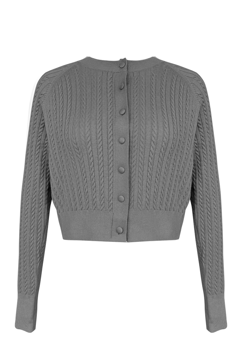 Vania Romoff Lucy Cardigan in Gray crafted from soft wool with ribbon detail at the back